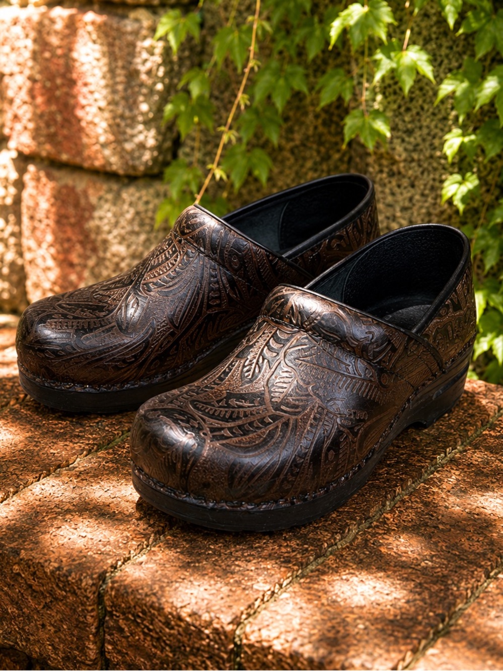 DANSKO Professional Molded Sole Walkable Brown Embossed Leather Clogs, 41